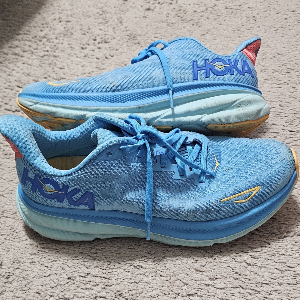 Hoka Light Blue Running Shoes with Beige Soles